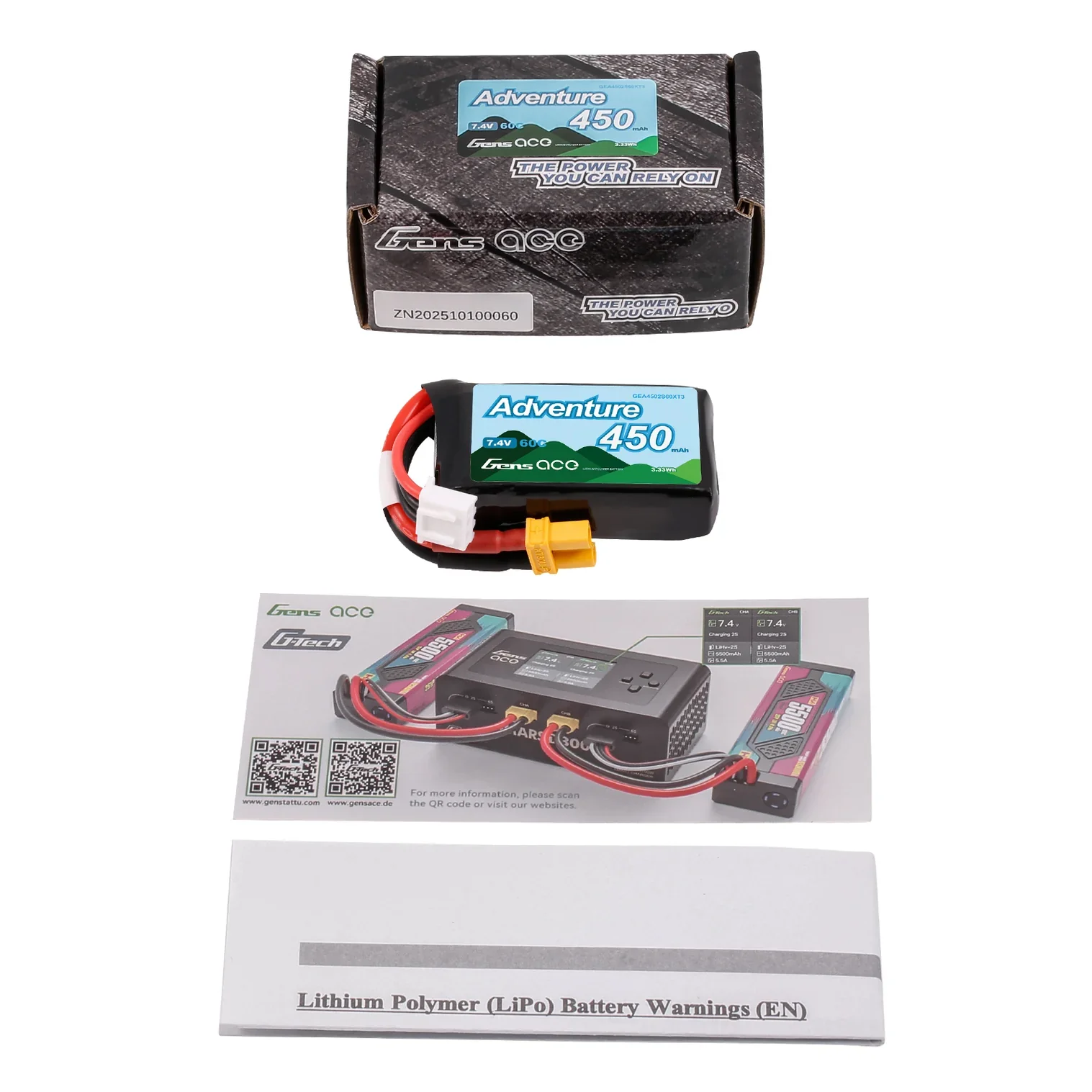 Gens Ace Accu lipo G-Tech Adventure 7.4v 450mAh 60C XT30 - Image 3