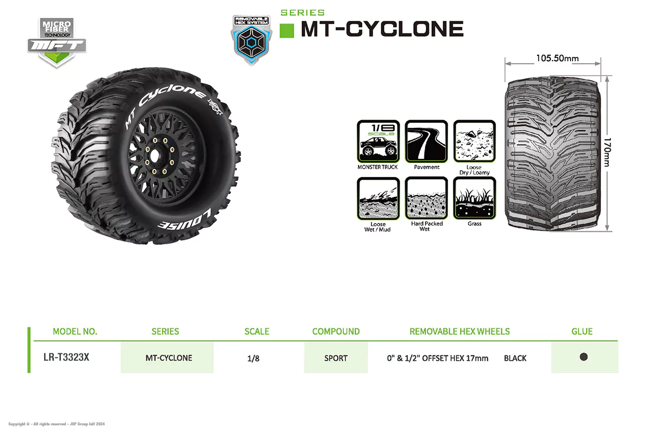 Louise RC Pneus 1/8 MFT Mt-Cyclone + Jantes 3.8 LR-T3323X - Image 5