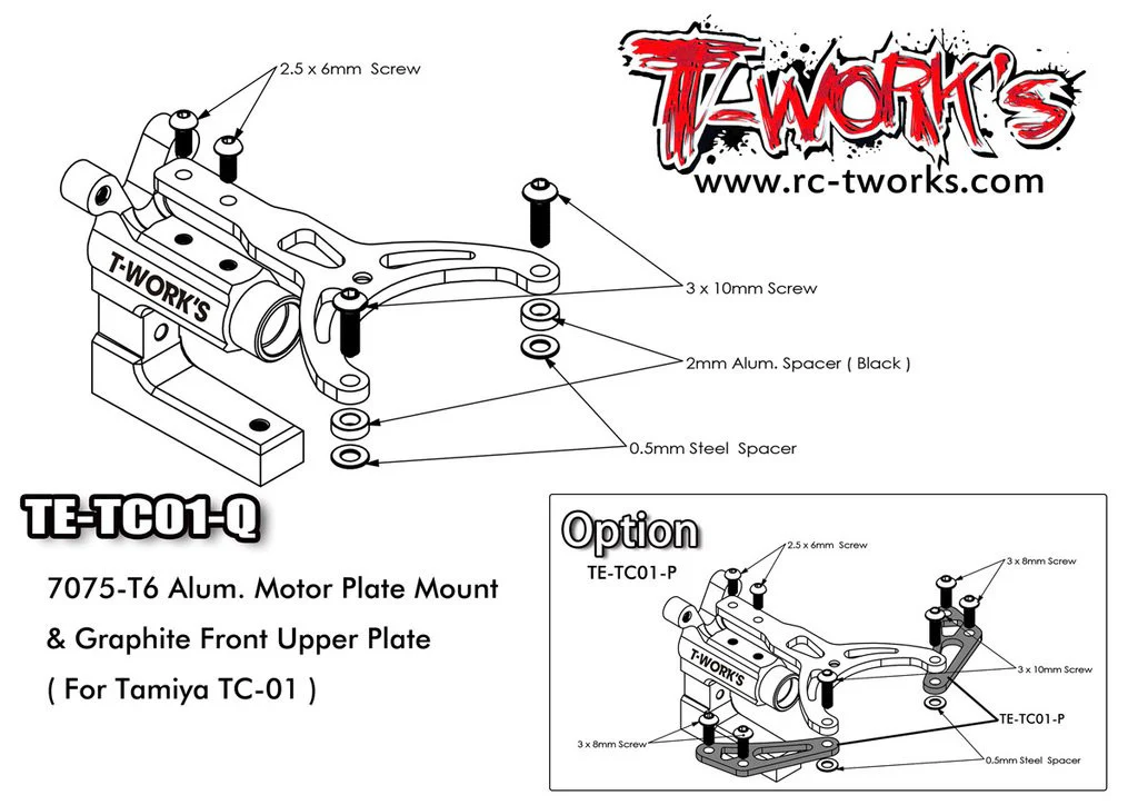 T-Work's Support Moteur Complet Alu Tamiya TC-01 TE-TC01-Q - Image 3