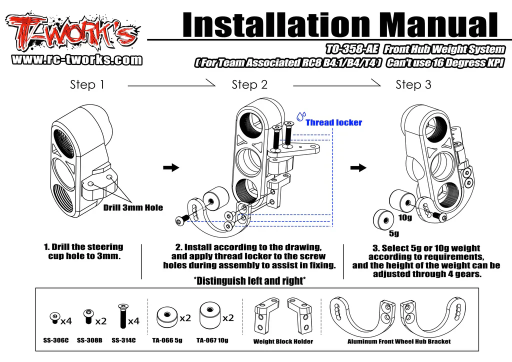 T-Work's Kit de poids pour fusées avant RC8 B4.1 TO-358-AE - Image 3