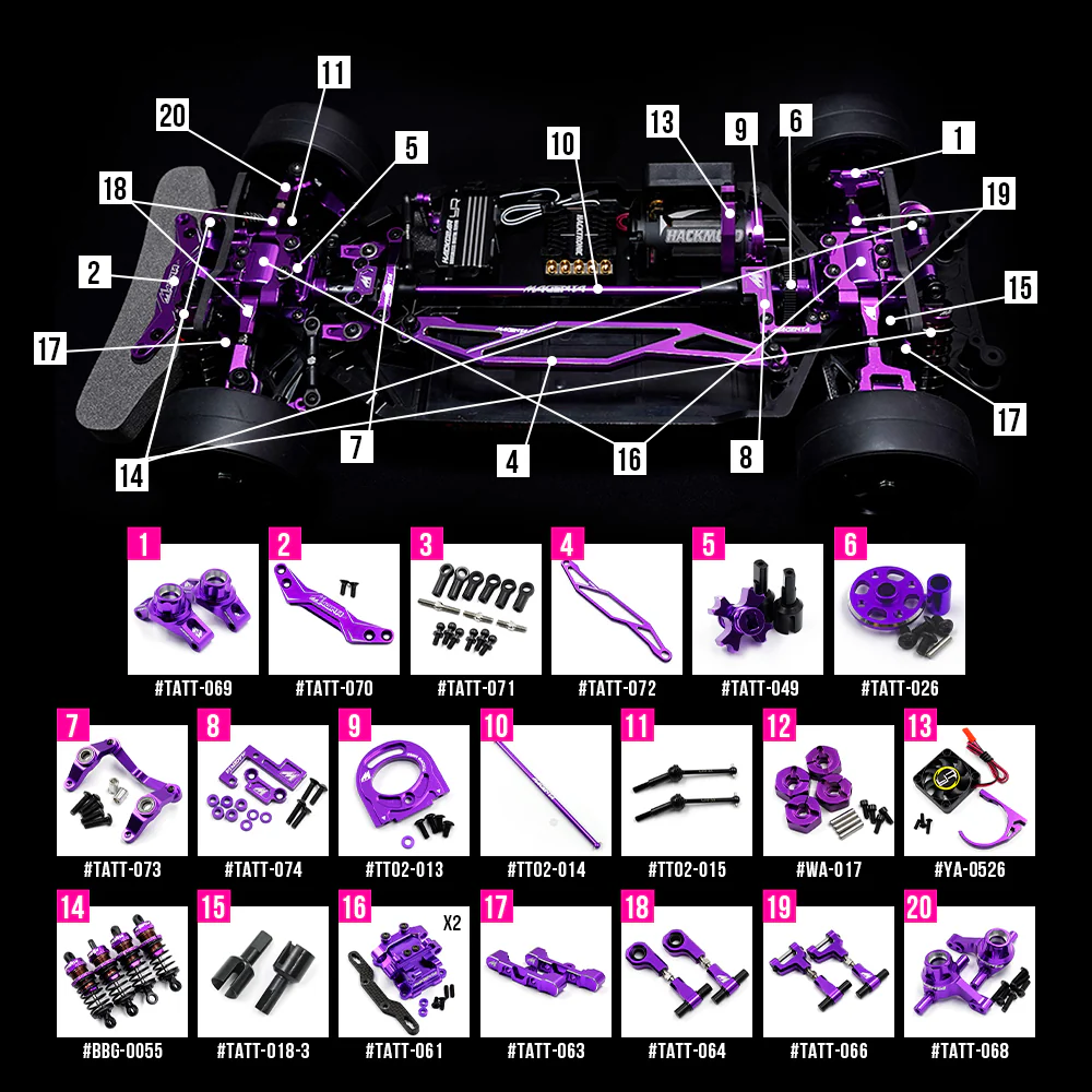Yeah Racing Kit de conversion Violet Atushi Hara Tamiya TT-02 MGT-0001 - Image 9